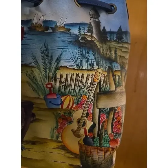 Anna by Anuschka Leather Beach 13x10.5 Crossbody Handbag Hand Painted - Picture 3 of 10